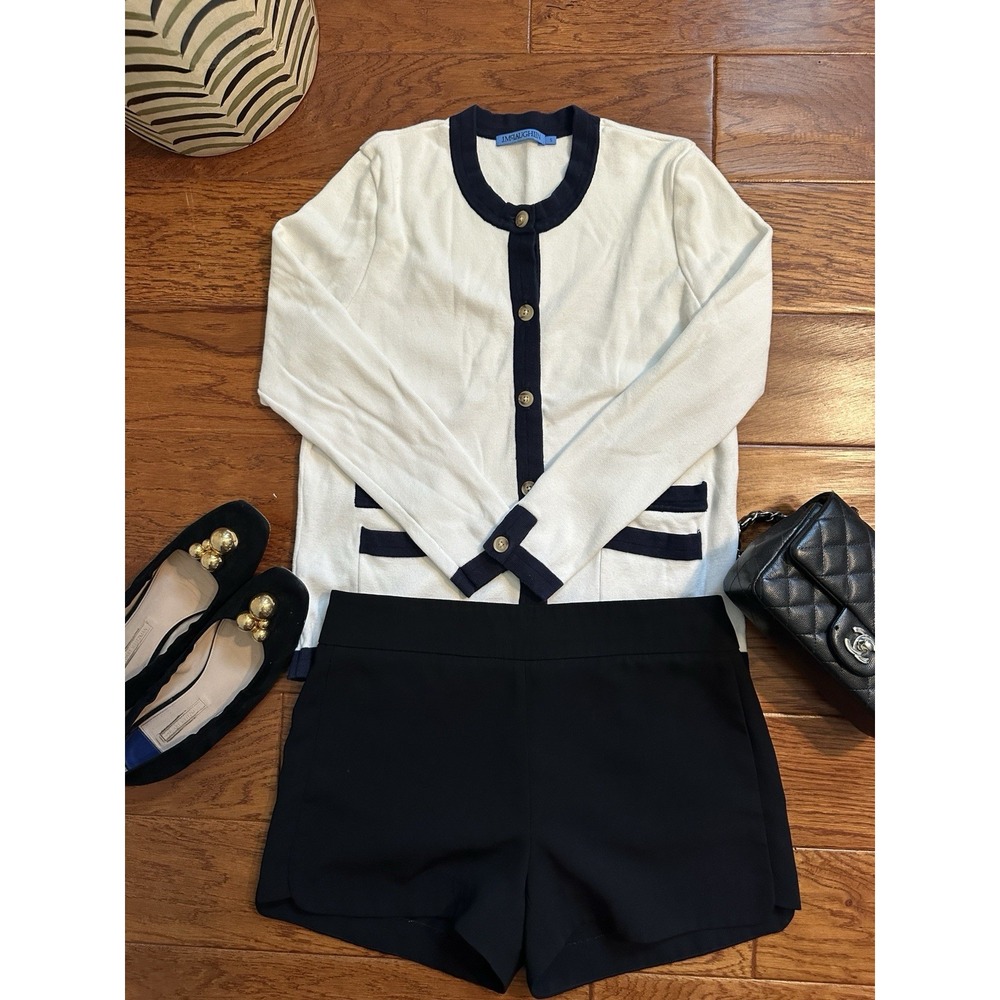 J.McLaughlin Womens Small Cardigan Sweater White Navy Contrast Trim Preppy